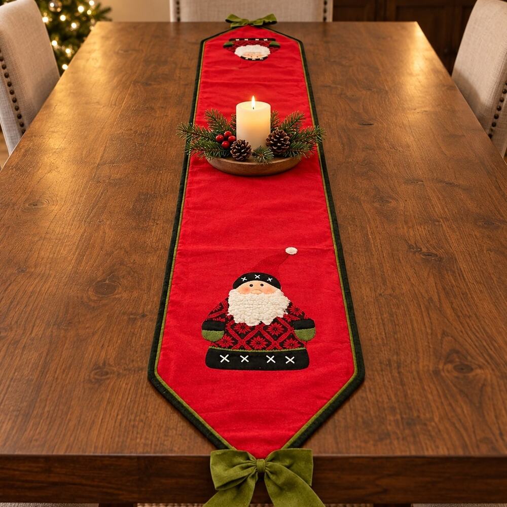 Christmas Table Runner Santa Red Green Felt Applique Bows Holiday Decor 64x19